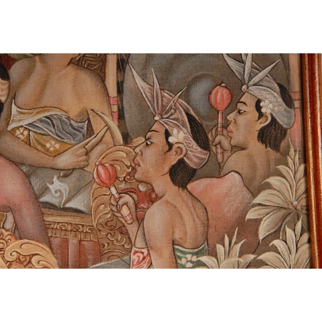 Wood Mid Century Asian Oil Painting Javanese Indonesian Carnival on Bali (Ubud) Hand Painted on Linen Framed Tariff Free Delivery For Sale - Image 7 of 13