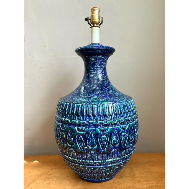 Mid-Century Modern Vintage Mid-Century Modern Blue Glazed Ceramic Lamp For Sale - Image 3 of 12