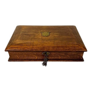 Antique Victorian English Tiger Oak Book Form Lap Desk/Stationery Box W/Inkwell For Sale