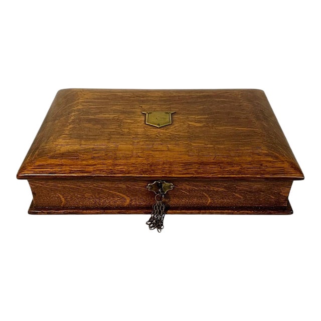 Antique Victorian English Tiger Oak Book Form Lap Desk/Stationery Box W/Inkwell For Sale