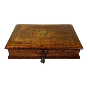 Antique Victorian English Tiger Oak Book Form Lap Desk/Stationery Box W/Inkwell