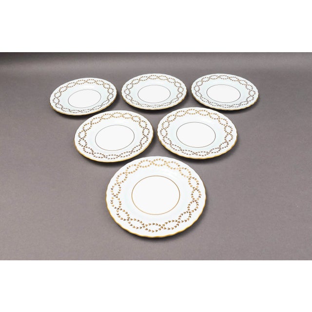 Contemporary Late 20th Century Minton England S600 Gold Laurel Leaves Light Blue Bread & Butter Plates- Set of 6 For Sale - Image 3 of 7