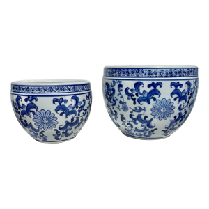 Vintage Floral Blue & White Planters, 2 Pieces