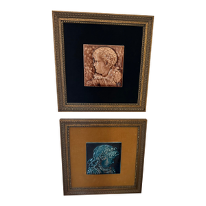 19th C American Pair of Isaac Broome Portrait Tiles – Framed, C. 1885