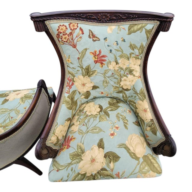 1930s Pair Italian Fireside Chairs Floral Upholstery Carved Wood Accent Chairs For Sale - Image 14 of 17