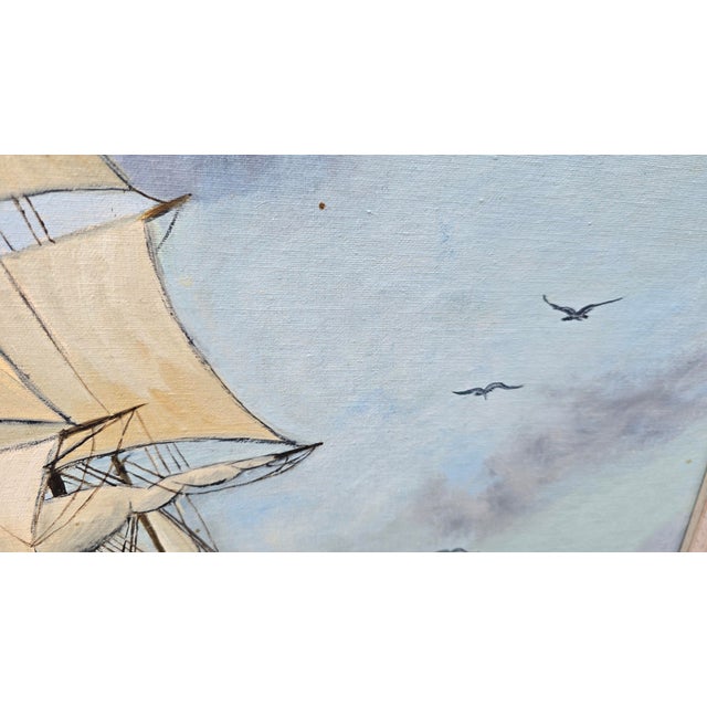 1970s Vintage Mid Century Ship Clipper Sailing Through Choppy Waves Signed m.c. Besler For Sale - Image 5 of 17