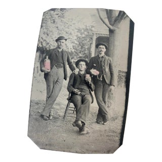 Antique Tintype Photograph of 3 Men Drinking With Hand-Tinted Details, Circa Late 19th Century For Sale