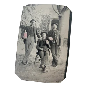 Antique Tintype Photograph of 3 Men Drinking With Hand-Tinted Details, Circa Late 19th Century