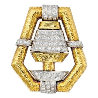 3.24 CTW Mid 20th Century Style Diamond & Textured 18k Two-Tone Gold Brooch For Sale