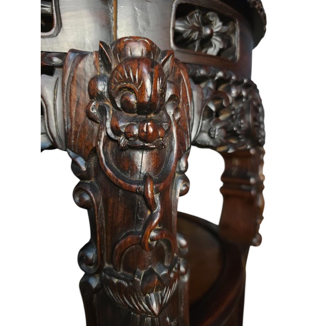 Companion Pair of Late Qing Dynasty–Early Republic Era Cantonese Carved Hardwood Marble-Top Stands For Sale - Image 11 of 14