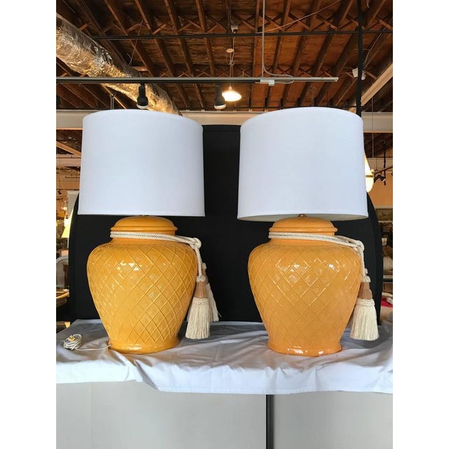 Yellow Glazed Ceramic Jardinière Lidded Vase Lamps - A Pair For Sale - Image 4 of 9