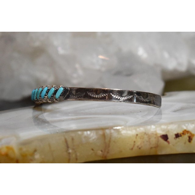 Turquoise Vintage 1970's Zuni Turquoise Petit Point Sterling Silver Cuff Bracelet For Sale - Image 8 of 18
