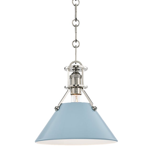 Hudson Valley Lighting Mark D. Sikes Painted No.2 1-Light Small Pendant, Polished Nickel/Blue Bird For Sale