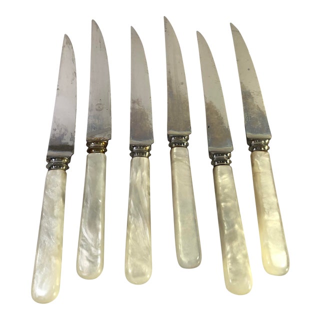 1950s Vintage Sheffield English Pearl Handled Steak Knives Set Of