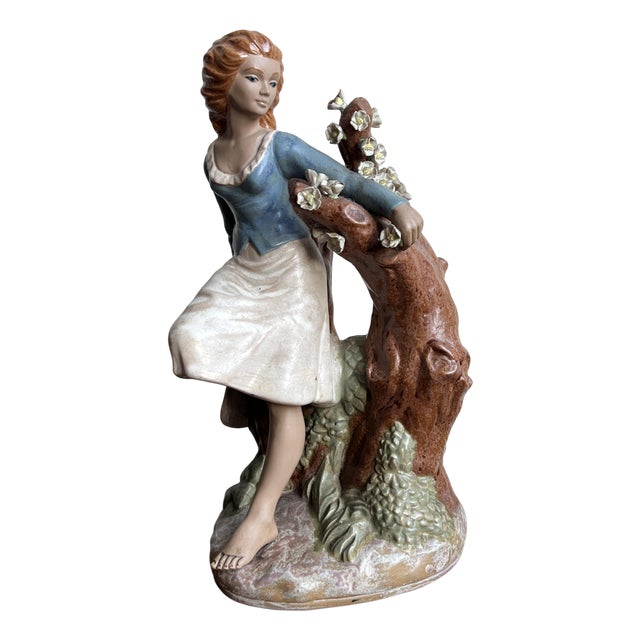 Spanish Handcrafted Figure of a Girl Sitting on a Tree with Flowers by Nadal, 1950s For Sale