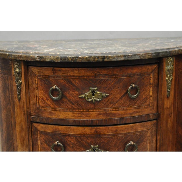Wood Antique French Louis XV Style Demilune Marble Top 4 Drawer Nightstand Table Pair For Sale - Image 7 of 18