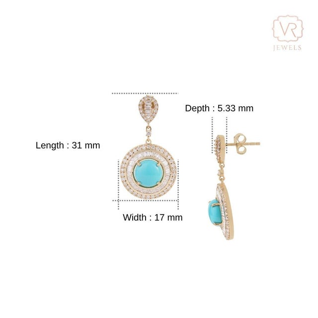 Luxury 14k Gold Turquoise & Diamond Double Halo Drop Earrings, 3.07ct- A Pair For Sale - Image 10 of 14