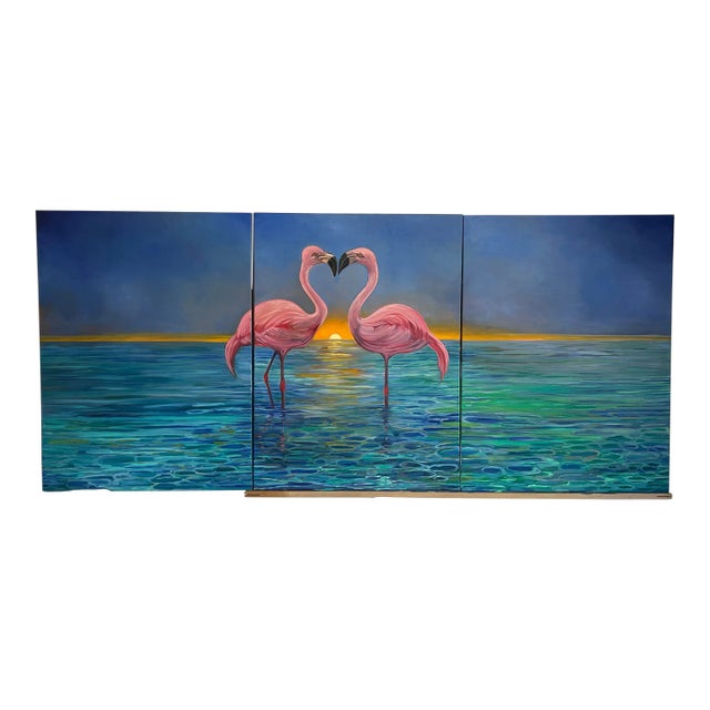 Large 9’ X 4’ Triptych Oil Painting of Flamingos at Sunset in Ocean For Sale