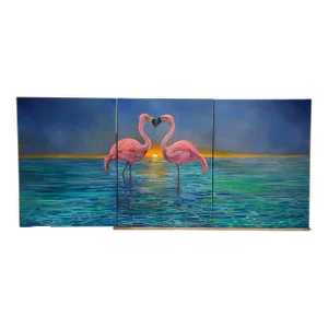 Large 9’ X 4’ Triptych Oil Painting of Flamingos at Sunset in Ocean