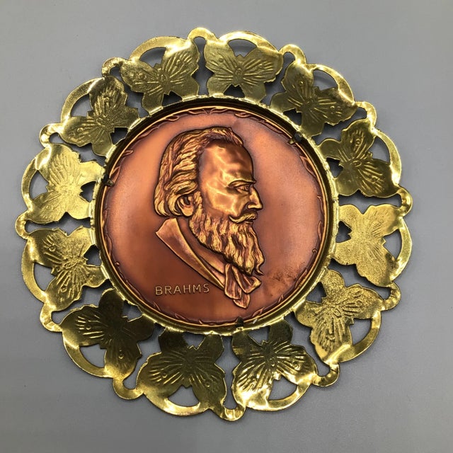 Wall Plates Influential Composers Stamped on Yellow Brass and Butterfly Filigree Made in England-Set of 6 For Sale In Sacramento - Image 6 of 13