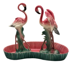 Mid-Century Ceramic Flamingo Figurine Set in Tropical Pond Tray by Maddux