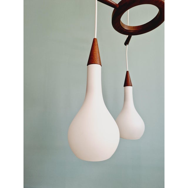 1960s Scandinavian Chandelier in Teak and White Satin Glass, 1960s For Sale - Image 5 of 14
