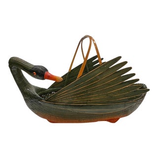 Green Woven Wicker Rattan & Bamboo Goose or Swan Duck Basket For Sale