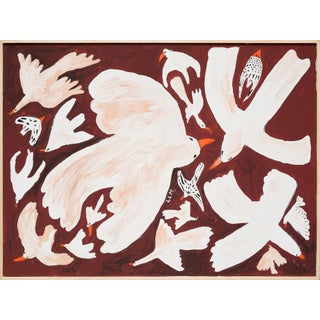 White Birds in Flight on Rust Brown Background Original Folk Art Painting For Sale