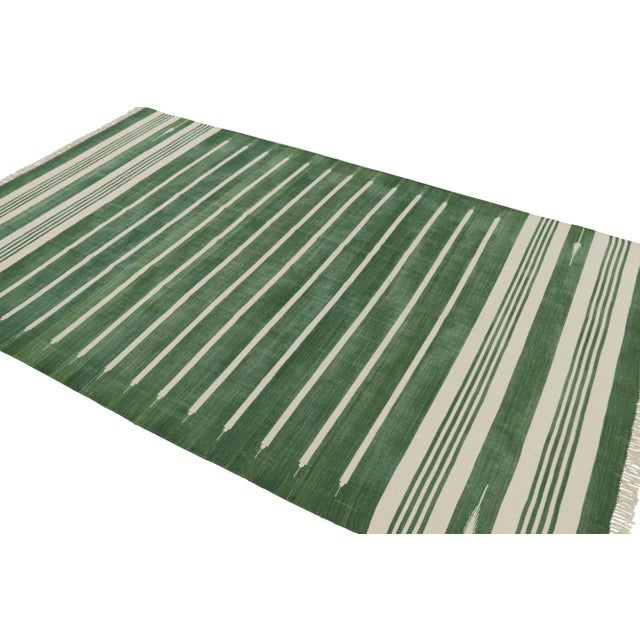 Rug & Kilim Rug & Kilim’s Contemporary Dhurrie Rug in Green and Off-White Stripes For Sale - Image 4 of 7