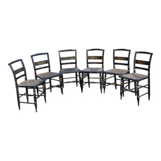 Mid 19th Century Antique Set of 6 Hitchcock Style Black & Gold Stenciled Dining Chairs With Rush Seats For Sale