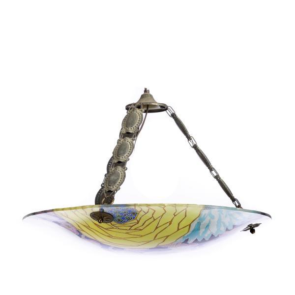 French, early 20th century Art Deco in coloured glass, relief decoration with gilded metal applications. Signed 'Loys...