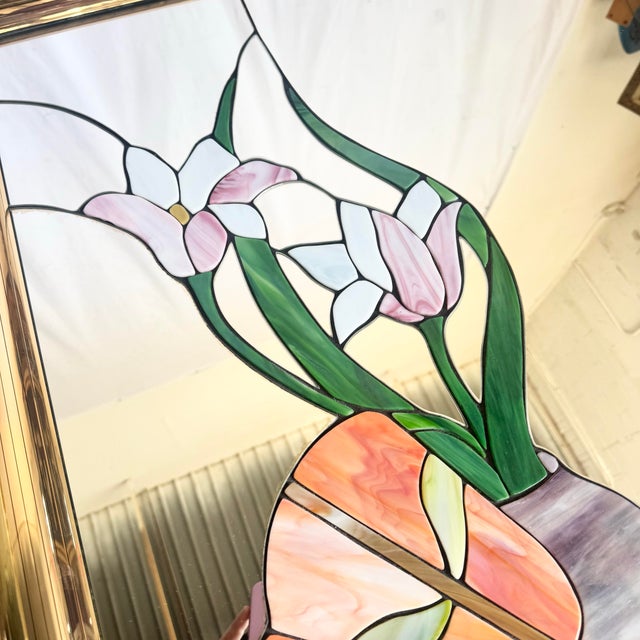 1980s Postmodern Lily Flower Stained Glass Gold Frame Wall Mirror For Sale - Image 5 of 10