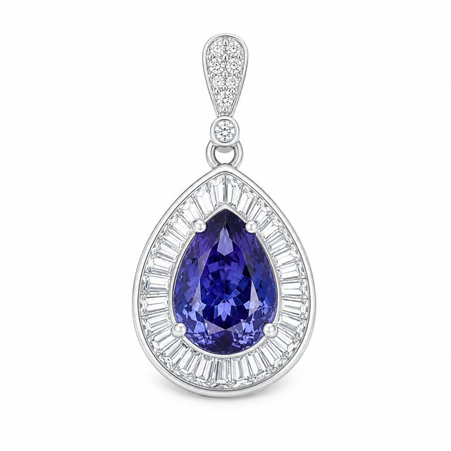 A captivating 14K white gold pendant centered around a 4.15 carat natural pear-shaped tanzanite displaying a rich royal...