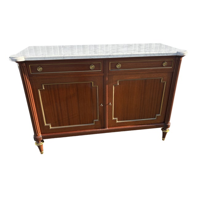 French Neoclassical Brass and Marble Sideboard in Mahogany by Maurice Hirsch, 1950s For Sale