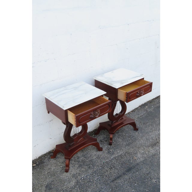 Mid 20th Century Victorian Style Marble Top Harp Design Side End Tables Nightstands a Pair For Sale - Image 4 of 18