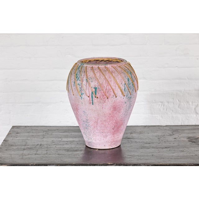 Hand-Crafted American Artists Collection Pink Pastel Vase with Weaving For Sale - Image 4 of 12