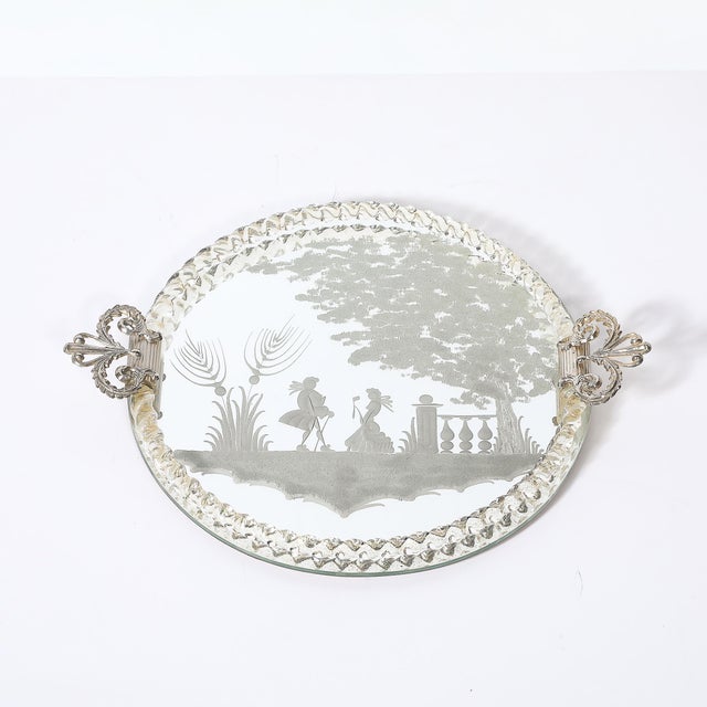 Art Deco Classical Reversed Etched Mirrored Tray W/ Pastoral Scene & Twisted Glass Border For Sale - Image 3 of 14