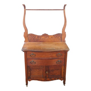 Antique Victorian Quartersawn Oak Chest Washstand Dry Sink W Towel Bar Rack For Sale