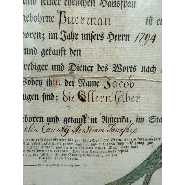 Late 18th Century 18th-Century Hand-Colored Fraktur Birth & Baptismal Certificate, Pennsylvania German, Dated 1794 For Sale - Image 5 of 10