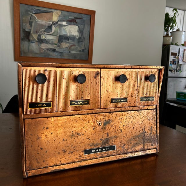 Mid-Century Modern 1950s Krestline Mid Century Modern Distressed Metal Bread Box Storage Drawers Shelf Coffee Bar For Sale - Image 3 of 9