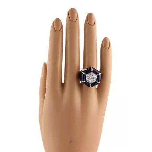 Late 20th Century Diamonds & Enamel 18k Yellow Gold Ring - Size 6.5 For Sale - Image 5 of 5