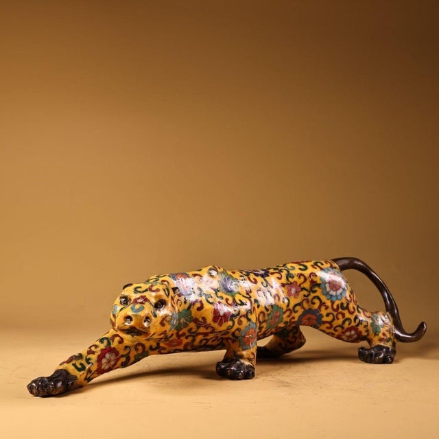 Late 20th Century Gilt Bronze Cloisonné Enamel Leopard Figure in Stalking Pose For Sale - Image 5 of 10