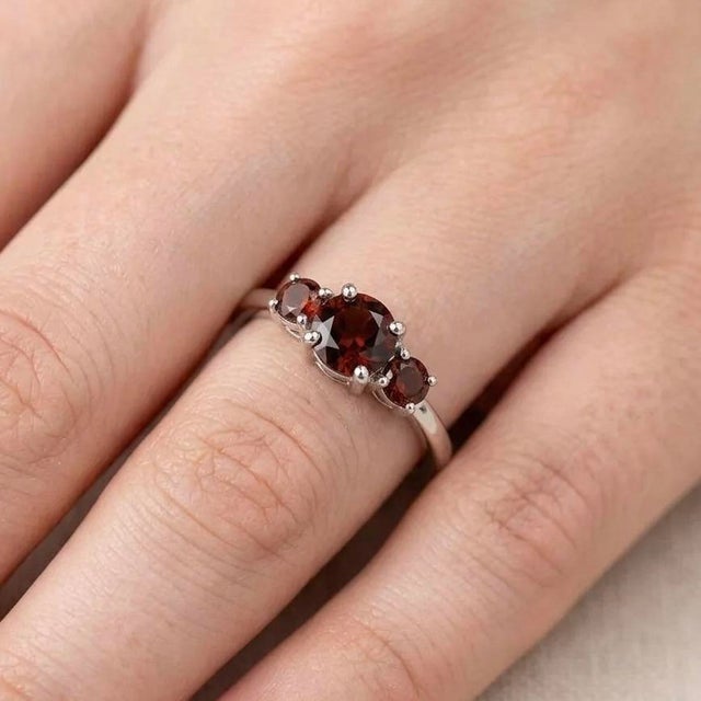 Contemporary Natural Garnet Trilogy Ring, Red Gemstone Garnet Stacking Ring, January Birthstone Ring for Woman Us 7 For Sale - Image 3 of 6
