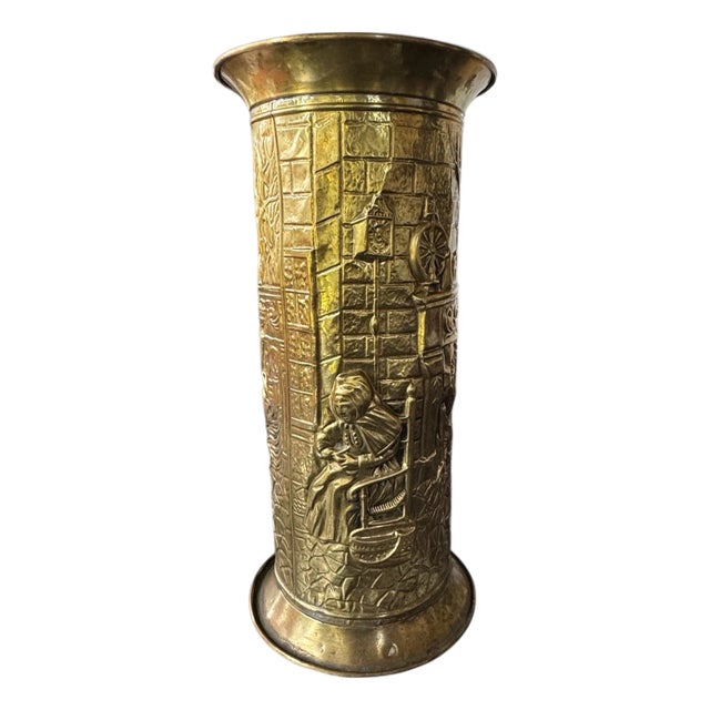 Early 20th Century Vintage Antique English Brass Figural Scenic Repousse Umbrella Stand Vase For Sale