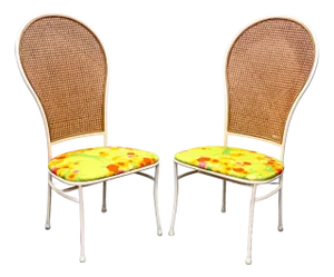 1960s Milo Baughman for Thayer Coggin - Pair Cane + Metal Peacock Chairs - Organic Modern
