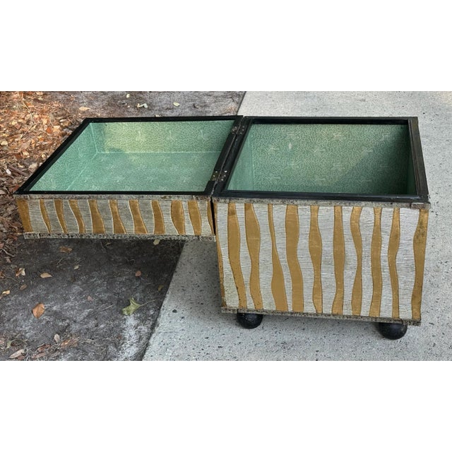 Sarreid Style Silver and Gold Tin Covered Trunk Drinks Table With Button Feet and Paper Lined Interior For Sale - Image 9 of 12