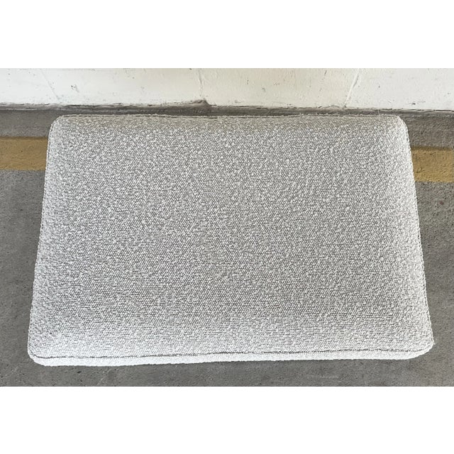 Original retail &828, stylish Revelation Modern White Boucle Intersection Bench, polished nickel base, showroom floor sample