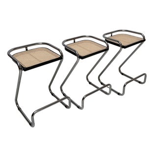Vintage Italian Wicker and Chrome Barstools, 1970s, Set of 3 For Sale