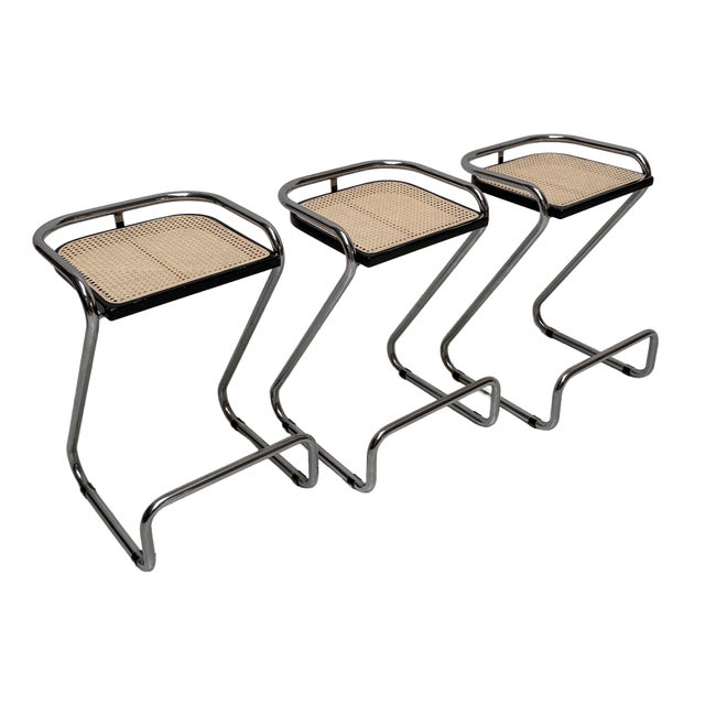 Vintage Italian Wicker and Chrome Barstools, 1970s, Set of 3 For Sale