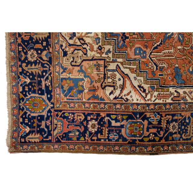 1900s Antique Persian Heriz Wool Rug Handmade in Rust With Medallion Design For Sale - Image 11 of 11